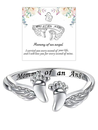 Miscarriage Gifts for Mothers Loss of Pregnancy Rings, Mommy of an Angel Wing Ring,Silver Mom Feather Rings Mother's Day Gifts