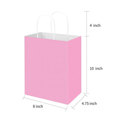 Toovip 100 Pack 8x4.75x10 Inch Medium Light Pink Kraft Paper Bags with Handles Bulk, Gift Wrap Bags for Favors Grocery Retail Party Birthday Shopping Business Goody Craft Merchandise Take Out Sacks