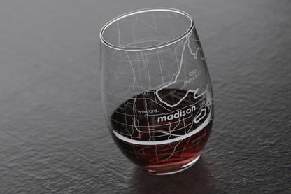 Well Told Engraved Madison Wisconsin Map Stemless Wine Glass, Etched Glass (15 oz, Clear) City Custom Gifts for Lovers