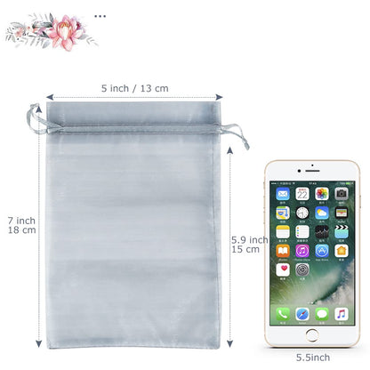 HRX Package 100pcs Organza Bags Silver Gray, 5x7 inch Mesh Drawstring Gift Bags Jewelry Pouches for Christmas Candy Party Favor