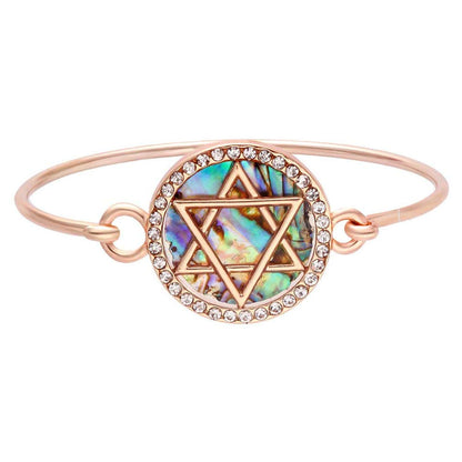 Jewish Charm Star of David Abalone Shell Wire Openable Crystal Bangle Bracelet
