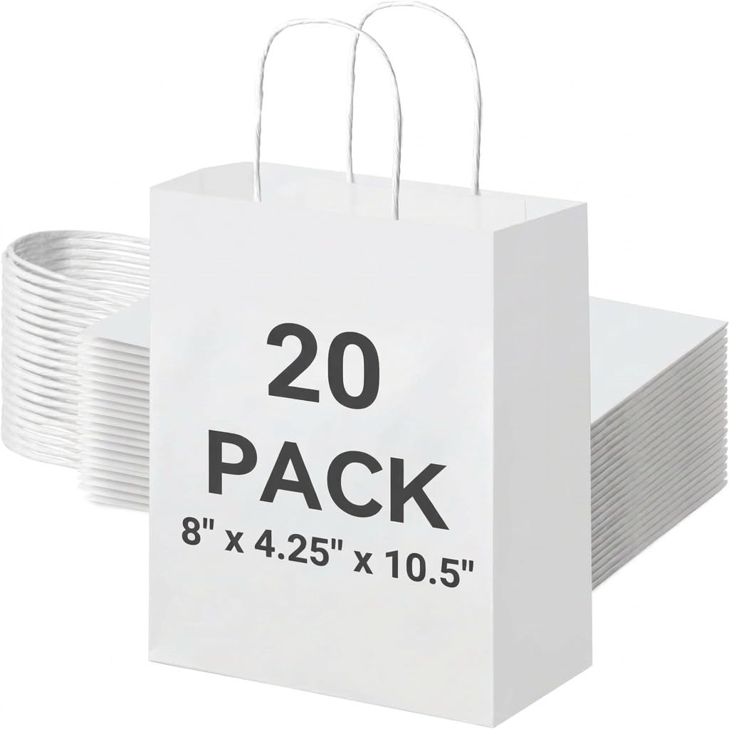METRONIC White Paper Bags 8X4.25X10.5 20Pcs, Gift Wrap Bags with Handles, Kraft Paper Bag for Small Business, Heavy Duty Bulk Bag for Birthday Party Favors, Shopping,Take-out,Retail