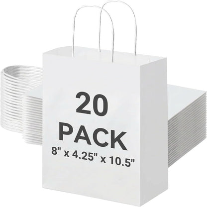 METRONIC White Paper Bags 8X4.25X10.5 20Pcs, Gift Wrap Bags with Handles, Kraft Paper Bag for Small Business, Heavy Duty Bulk Bag for Birthday Party Favors, Shopping,Take-out,Retail
