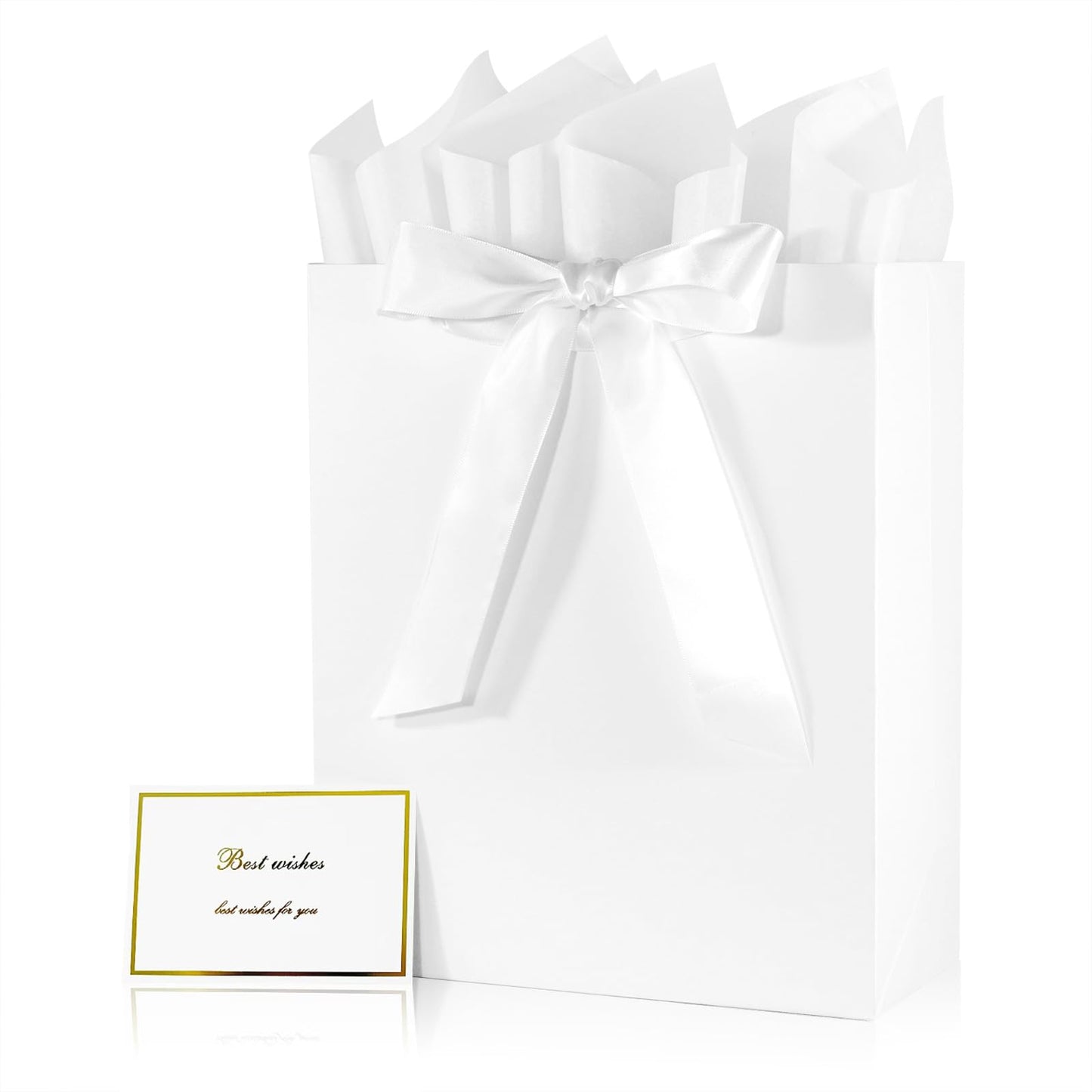 Elegant White Gift Bag 10.2"x4.7"x12.2" with Ribbons Handles, Includes Card and Tissue Papers for Weddings, Birthdays, Baby Shower, Parties, Holidays