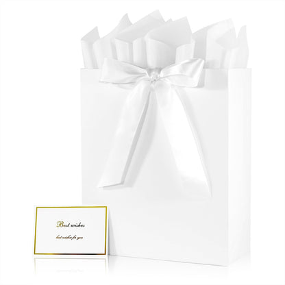 Elegant White Gift Bag 10.2"x4.7"x12.2" with Ribbons Handles, Includes Card and Tissue Papers for Weddings, Birthdays, Baby Shower, Parties, Holidays
