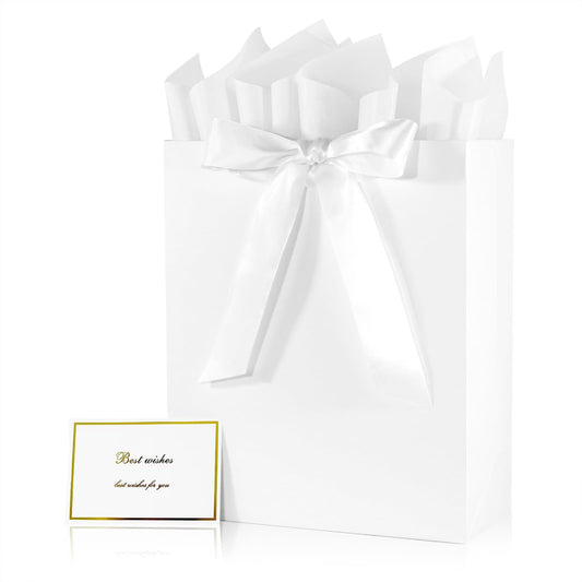 Elegant White Gift Bag 10.2"x4.7"x12.2" with Ribbons Handles, Includes Card and Tissue Papers for Weddings, Birthdays, Baby Shower, Parties, Holidays