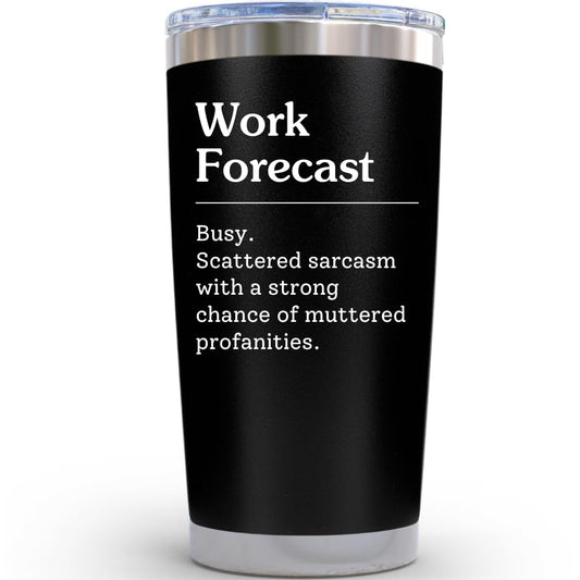 Work Anniversary Mug Gift - Work Forecast -Funny Work Gifts for Coworker, Work Besties Gifts for Women Men, 20 Ounce Black Coffee Tumbler Gag Gift for Men At Work Appreciation Cup, Gift for Coworker