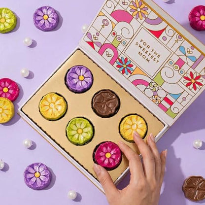 Chocolate Card Gift Box, 6 Individually Wrapped Chocolate Flowers, Food Sweets Candy Gift Greeting, Holiday Present for Mom, Her, Mother, Women, Adults- Bonnie and Pop