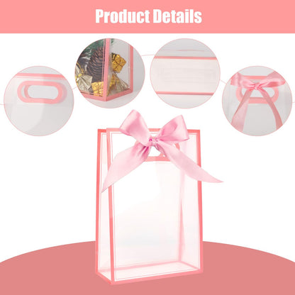 ZJHiome Clear Gift Bags with Handle, 8 PCS PVC Gift Bag with Ribbon Bow for Christmas Easter Wedding Baby Shower Birthday Party(Pink)