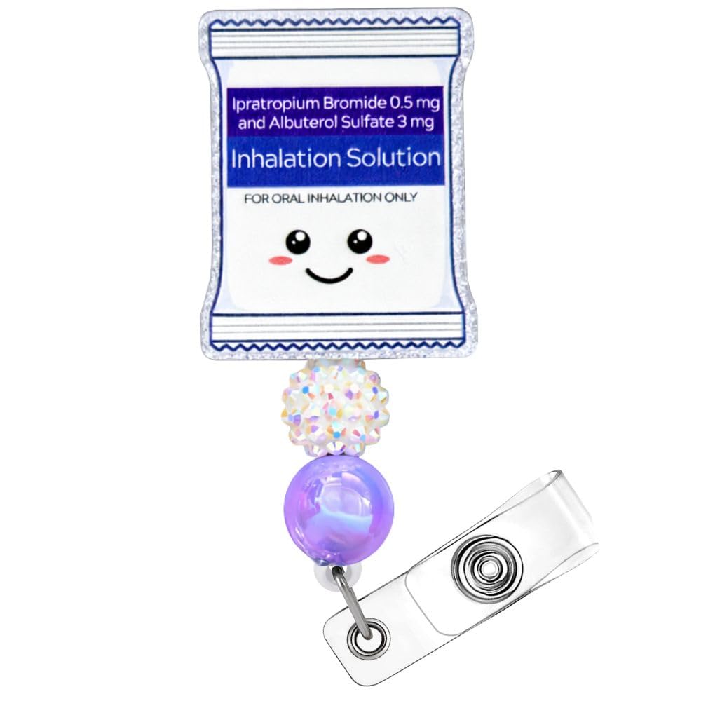 Inhalation Solution Badge Reel Cute Funny Smiley ID Name Holder with Retractable Clip Inhaler Oxygen ICU Pharmacy Accessories Gift for Respiratory Therapists RT Pulmonologists Nurses RN ER Workers