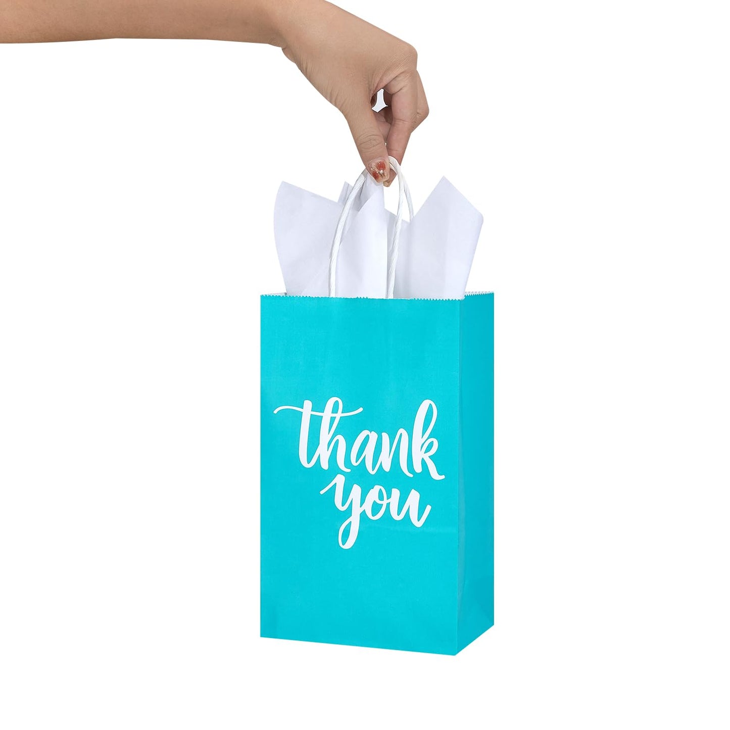 DjinnGlory 50 Pack Small Teal Blue Paper Bags with Handles 9x5.5x3.15 Inch and 50 White Tissue Paper, Thank You Gift Bags for Business Wedding Baby Shower Birthday Party Goodies