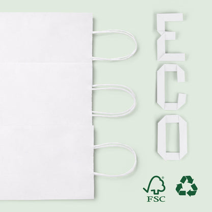 MESHA Gift Paper Bags 20Pcs 5.25 x 3.75 x 8 Inch White Small Kraft Shopping Bags Bulk with Handles, Reusable Bags for Small Business, Retail, Party Favor, Wedding, Made in USA