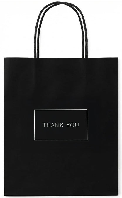 Purple Q Crafts Small Paper Thank You Gift Bags with Handles – 8x4x10 Inches, Strong Quality 50 Pack Black Shopping Bags with Thank You Logo