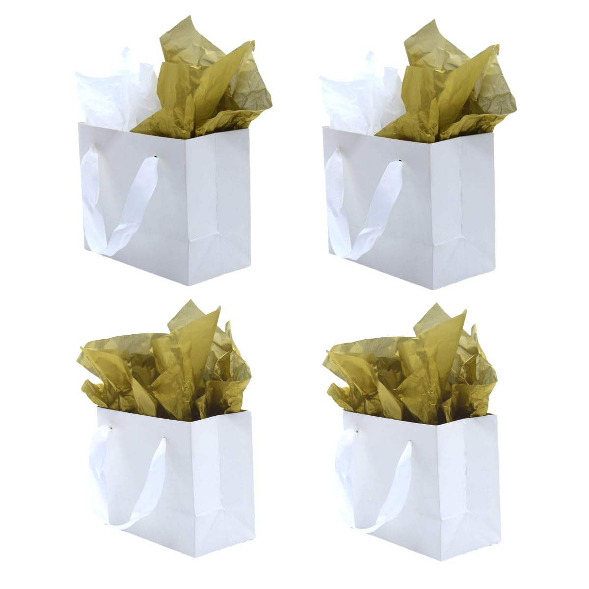 JUNESHE 4 Pack Small White Gift Bags with Tissue Paper,6.3 inch Mini Tiny Little Paper Bag for Birthday Party Favors Baby Bridal Shower Shopping Presents Wedding