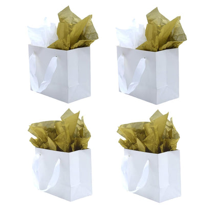 JUNESHE 4 Pack Small White Gift Bags with Tissue Paper,6.3 inch Mini Tiny Little Paper Bag for Birthday Party Favors Baby Bridal Shower Shopping Presents Wedding