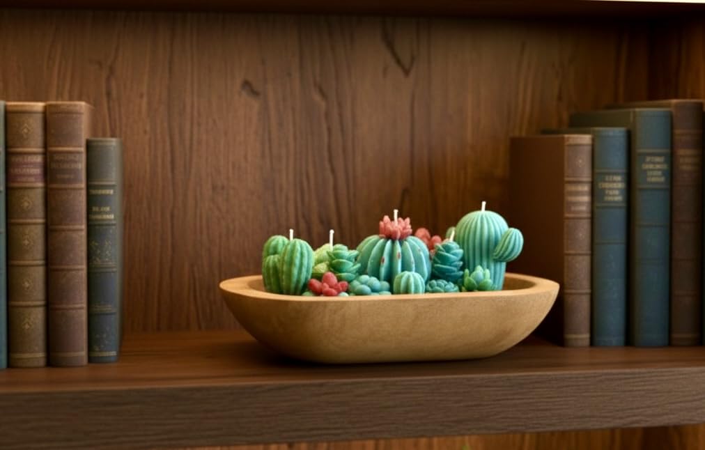 Five-Wick Handmade Scented Succulent & Cactus Candle Dough Bowl – Rustic Soy Wax Centerpiece, Unique Home Décor Gift for Her, Him, Mom, Mother's Day, Housewarming, Birthday, Christmas, Eco Friendly