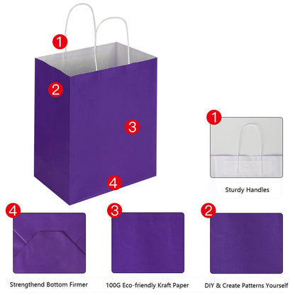 Oikss 100 Pack 8x4.75x10 Inch Medium Purple Kraft Paper Bags with Handles Bulk for Birthday Wedding Party Favors Grocery Retail Shopping Business Takeout Goody Craft Gift Bags Sacks, (100pcs Count)