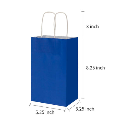 100 Pack 5.25x3.25x8.25 Inch Small Royal Blue Kraft Paper Bags with Handles Bulk, Toovip Gift Wrap Bags for Favor Grocery Retail Party Birthday Shopping Business Goody Craft Merchandise Take Out Sacks