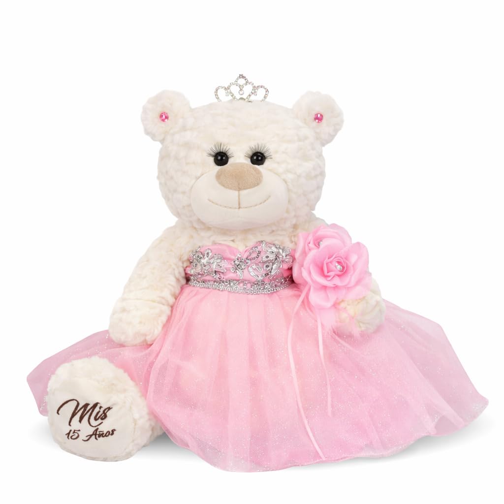 KINNEX COLLECTIONS SINCE 1997 Classic Size Quinceañera Bear with Elegant Dress – Gift-Ready Keepsake and Centerpiece Decoration for 15 Años, OSO Quinceañera Tradicional B14631-3 (Pink)