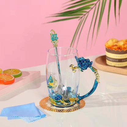 Birthday Gifts For Women,Butterfly Flower Glass Tea Cup Sky Blue Rose Coffee Mug Gift For Women Mom Wife Sister Coworker Female Friend on Christmas Anniversary Valentines Mothers Day Presents