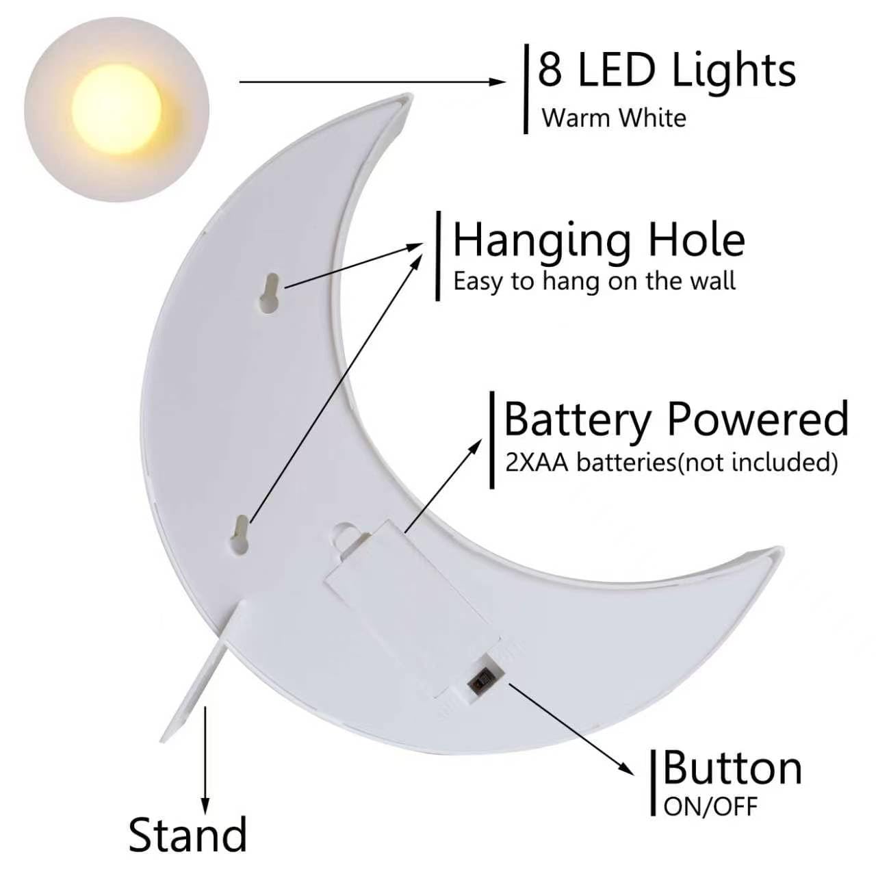 LED Moon Shaped Marquee Signs, Light Up Moon Night Lights Battery Operated Warm White Crescent Moon Lamp for Bedroom, Christmas, Birthday Party Decor-Moon(White)