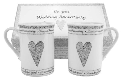 Beautifully Designed 60th Diamond Wedding Anniversary Set of Ceramic Mugs with Hearts | Dishwasher and Microwave Safe with Decorative Keepsake Box by Happy Homewares