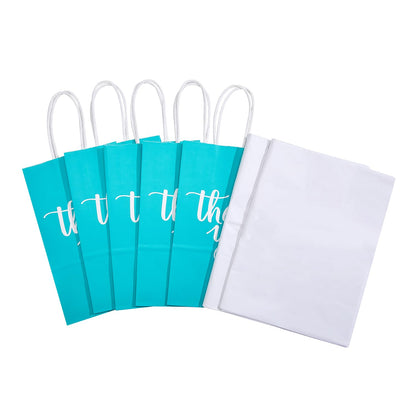 DjinnGlory 50 Pack Small Teal Blue Paper Bags with Handles 9x5.5x3.15 Inch and 50 White Tissue Paper, Thank You Gift Bags for Business Wedding Baby Shower Birthday Party Goodies