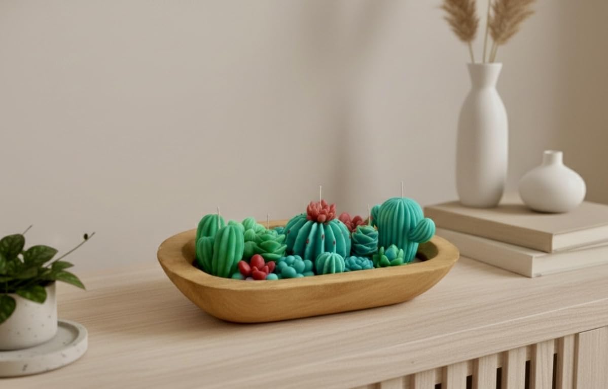 Five-Wick Handmade Scented Succulent & Cactus Candle Dough Bowl – Rustic Soy Wax Centerpiece, Unique Home Décor Gift for Her, Him, Mom, Mother's Day, Housewarming, Birthday, Christmas, Eco Friendly