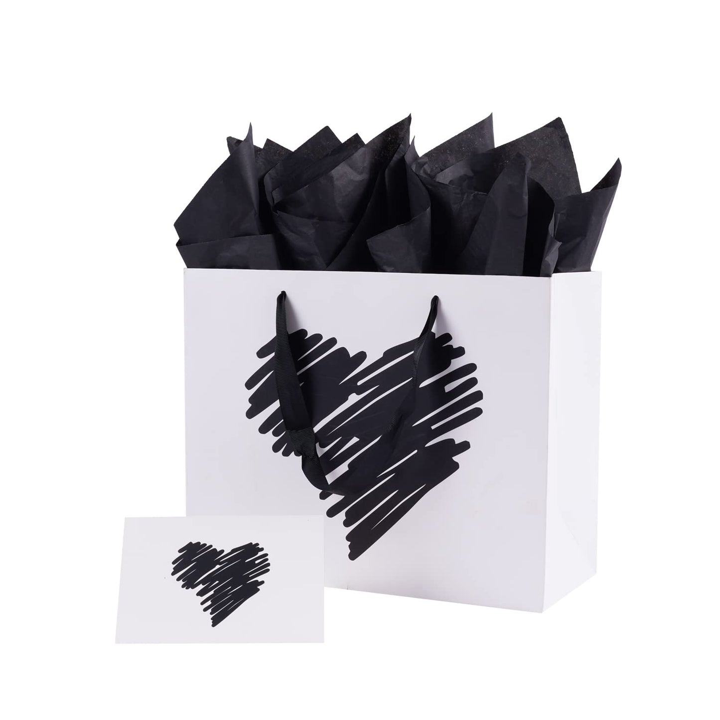 ysmile Large Gift Bag with Tissue Paper for Girl Women Mother Boy Father Birthday Anniversary Valentine 12.6" - White Black Heart