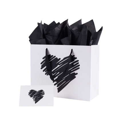 ysmile Large Gift Bag with Tissue Paper for Girl Women Mother Boy Father Birthday Anniversary Valentine 12.6" - White Black Heart