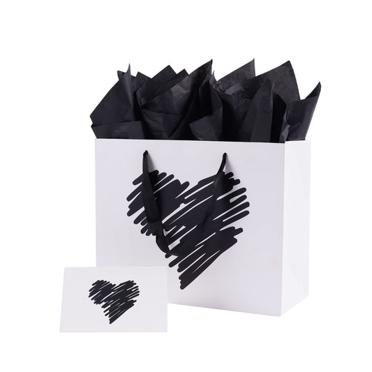 ysmile Large Gift Bag with Tissue Paper for Girl Women Mother Boy Father Birthday Anniversary Valentine 12.6" - White Black Heart