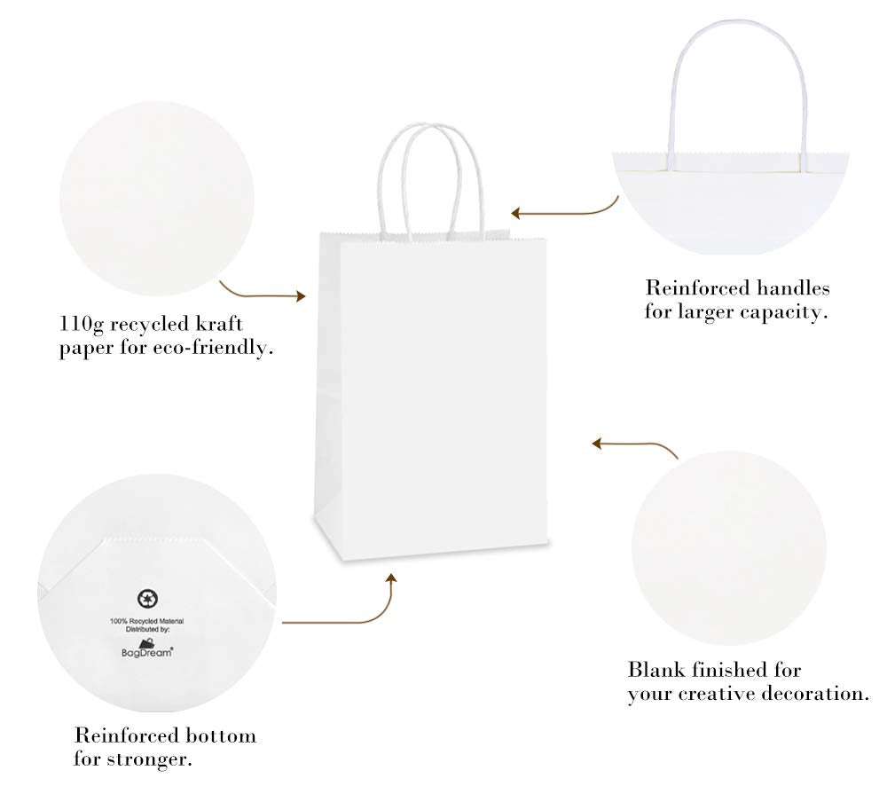 BagDream Gift Bags 100Pcs 5.25x3x8 Small Kraft Paper Gift Bags with Handles Bulk, White Paper Sacks for Wedding Birthday Party favor, Retail, Merchandise, Small Grocery