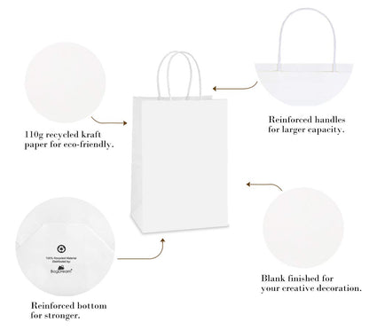 BagDream Gift Bags 100Pcs 5.25x3x8 Small Kraft Paper Gift Bags with Handles Bulk, White Paper Sacks for Wedding Birthday Party favor, Retail, Merchandise, Small Grocery