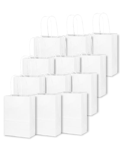 qiqee 50-Packs White Paper Gift Bags with Handles Bulk 4.5"x2.5"x6" Mini Size Party Favor Bags Multiple Uses