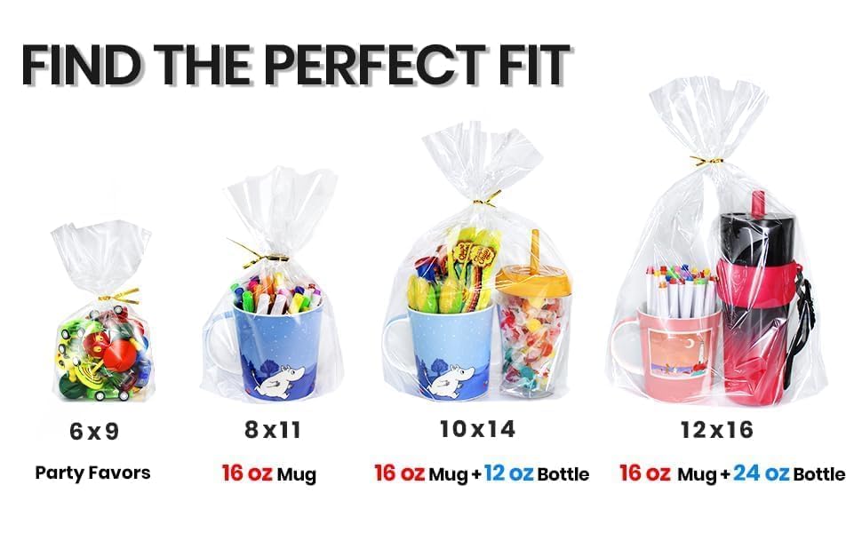 PigPotParty Cellophane Bags 8x11 Inch, 50 Pack Clear Plastic Gift Bags with Bottom Gusset for Stand-Up Display, Medium Cello Gift Wrap for Goodies, Treats, Party Favors, Mugs, Includes 50 Gold Ties