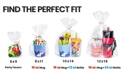 PigPotParty Cellophane Bags 8x11 Inch, 50 Pack Clear Plastic Gift Bags with Bottom Gusset for Stand-Up Display, Medium Cello Gift Wrap for Goodies, Treats, Party Favors, Mugs, Includes 50 Gold Ties