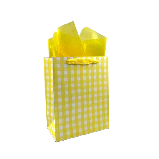 10-Pack 250g Kraft Paper Gift Bags with Checkered Pattern & Twine and tissues paper - Vintage Design, Grid Handle Bags for Wedding, Party Favors, Retail Packaging (9.1x7.1x3.9 Inches) (Yellow)