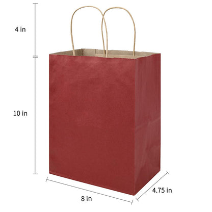 bagmad 100 Pack 8x4.75x10 Inch Medium Red Gift Paper Bags with Handles Bulk, Kraft Bags, Craft Grocery Shopping Retail Party Favors Wedding Business Sacks (Red, 100pcs)