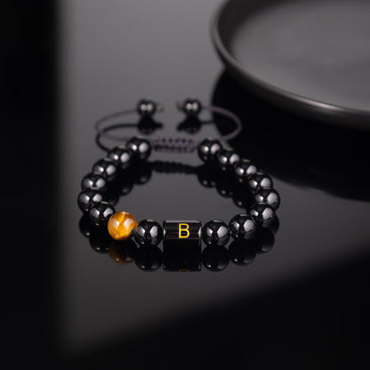 FRG Initials Bracelets for Men Letter Link Handmade Natural Black Onyx Tiger Eye Stone Beads Braided Rope Meaningful Bracelet