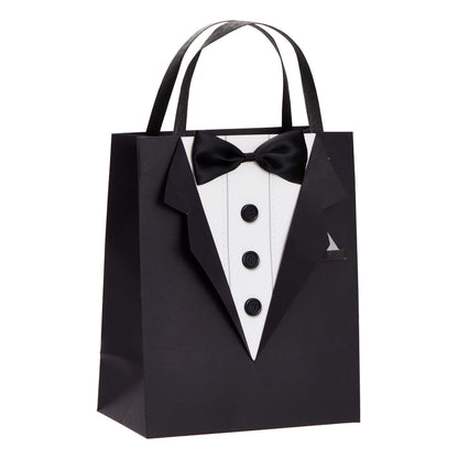 Sparkle and Bash Groomsmen Gift Bags With 3D Tuxedo Design, Satin Bow Tie & Real Buttons - Black, 6 Pack, 8 x 4.5 x 10 In - Wedding & Bachelor Party - Tuxedo Gift Bags for Men