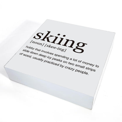 Dumyum Skier Gift Skiing Definition Wooden Box Sign Ski Quotes Desk Decorative Wooden Sign Home Decor for Desk Table Shelf (5 x 5 Inches), Medium
