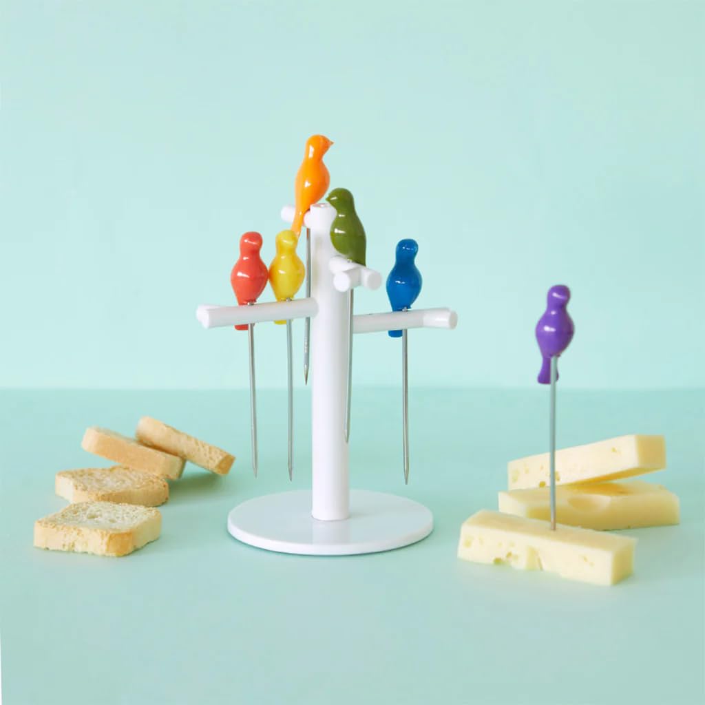 Balvi Birdies Snack Forks Set – 6 Stainless Steel Bird-Shaped Appetizer Picks with Stand, Ideal for Entertaining and Parties – Aperitif Spike – Palillos para Aperitivos