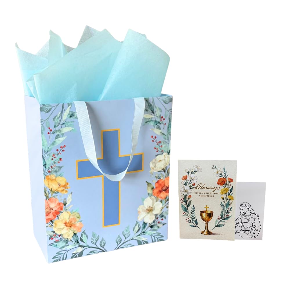 Noyi Traxd Large Blue Baptism Gift Bag - 10" x 5" x 11.8", with Cross Design, First Communion Card and Tissue Paper for Baby Boy Baptisms, Christenings and First Communions Religious Occasion