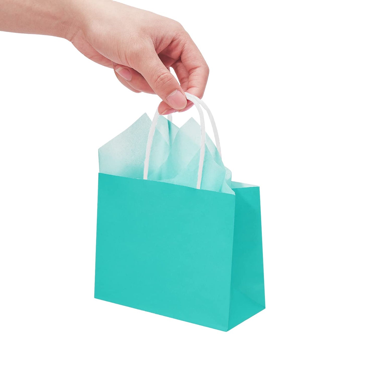DjinnGlory 24 Pack Mini Tiny Teal Paper Gift Bags (Turquoise Aqua Blue) with White Tissue Paper for Summer Pool Party Supplies, Small Merchandises, 6x5x2.5 Inch
