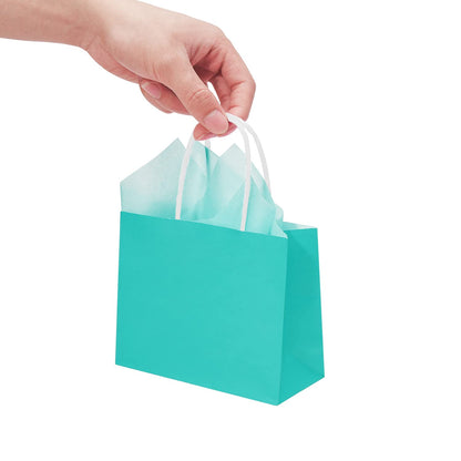 DjinnGlory 24 Pack Mini Tiny Teal Paper Gift Bags (Turquoise Aqua Blue) with White Tissue Paper for Summer Pool Party Supplies, Small Merchandises, 6x5x2.5 Inch