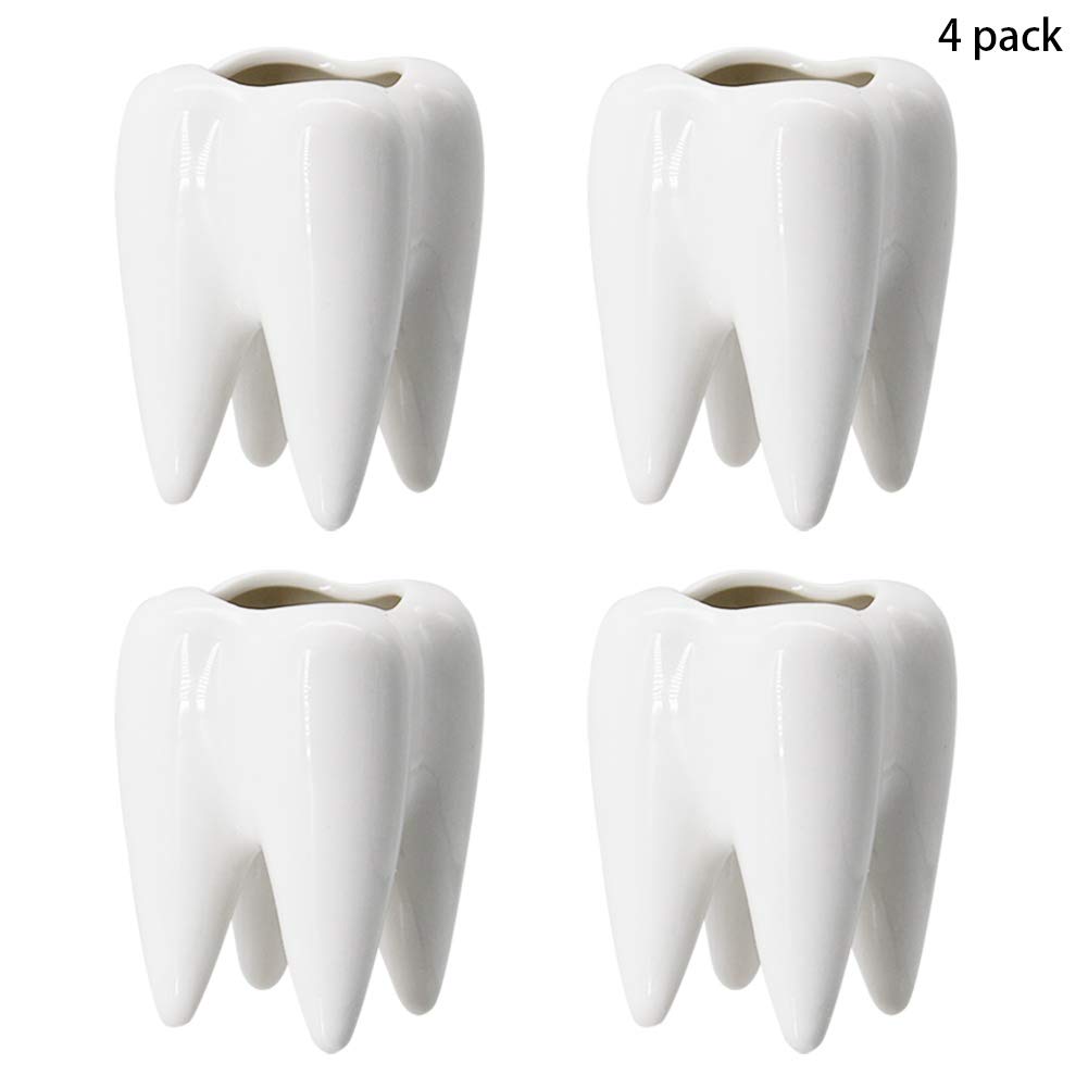 YOFIT Dental Assistant Appreciation Gifts – 4 Pack Ceramic Tooth Planter, Dental Hygienist Gifts Office Decor, Dentist Gift for Coworkers Women Student, White Succulent Flower Pot, 3.7"