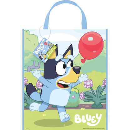 Unique Bluey Birthday Party Supplies Bundle includes 3 Large Plastic Party Favor Tote Bags 13" x 11" and 1 Dinosaur Sticker Sheet