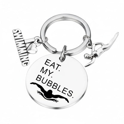 Swimming Keychain – Inspiratiional Keychains Bag Charms for Women with EAT. MY. BUBBLES. Quote, Cool Key Chains Gifts for Swimming Lovers, Swimmers, Swim Teams