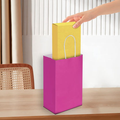 Oikss 100 Pack 5.25x3.25x8.25 Inch Small Hot Pink Kraft Paper Bags with Handles Bulk for Birthday Wedding Party Favors Grocery Retail Shopping Business Goody Craft Gift Bags Sacks (Fuchsia 100 Count)