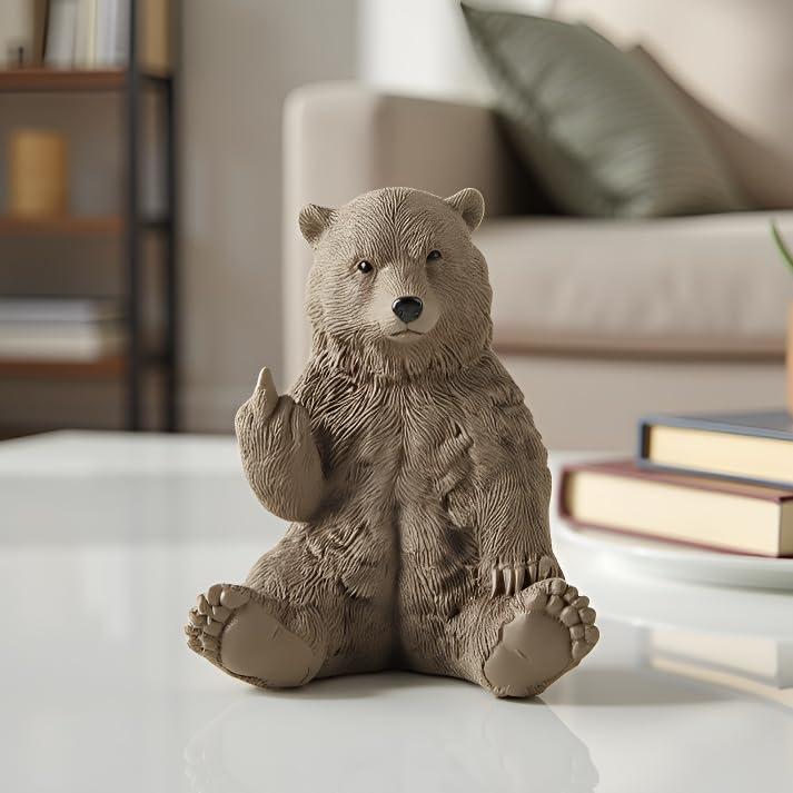 JFSM INC. Holiday Stocking Stuffer, Brown Bear Raising Middle Finger Figurine Funny Hilarious Decor - Gifts, Cabin Themed